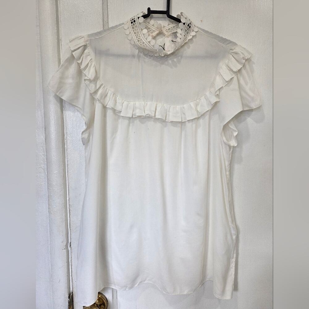Sandro Cream Off White Ruffle Short Sleeve Blouse Small Size 2